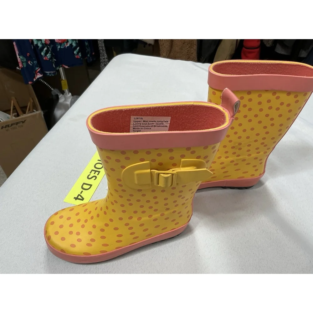 Girls Excellent Cond. Target Pull On Rain Boots Large 9-10 Yellow Pink Polka Dot
